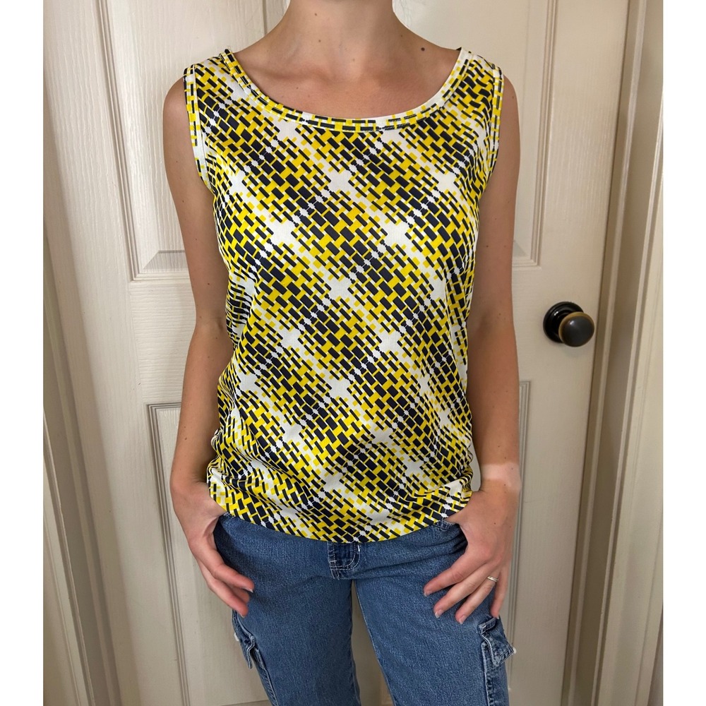 Vintage Yellow Geometric Print Sleeveless Top Modern Tank Casual Blouse